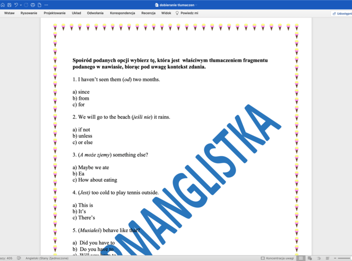 Dobieranie tłumaczeń fragmentów zdań - matura podstawowa z j, angielskiego+KLUCZ