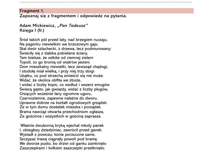 Karta pracy >>Czytanie "Pana Tadeusza"<<