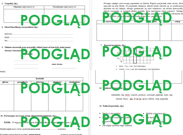 Części mowy - sprawdzian dla klasy 6 ze wszystkich 10 części mowy