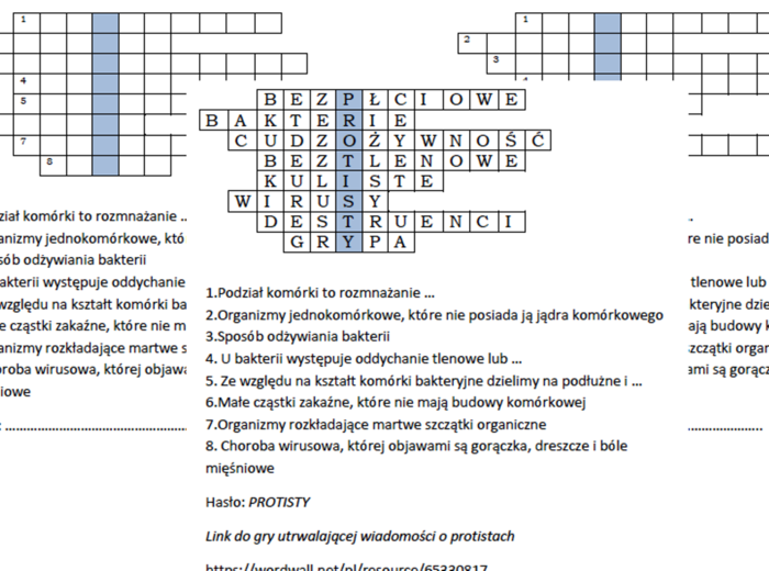 Logogryf na wprowadzenie do lekcji o protistach