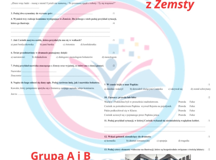 "Zemsta" - sprawdzian podsumowujący z lektury