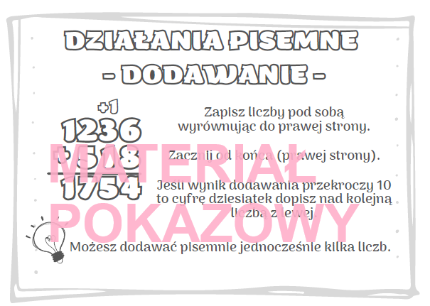 Działania pisemne - plansza, notatka kl. 4, 5, 6