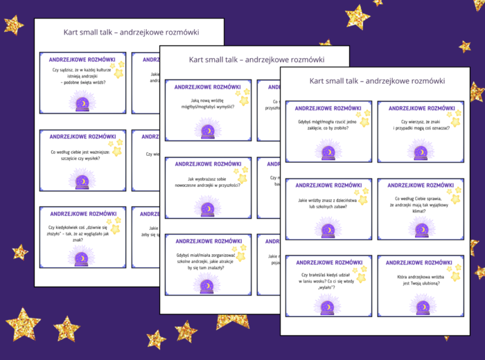 🔮ANDRZEJKI - Karty small talk w andrzejkowym klimacie – 54 pytania do rozmów, integracji i zabawy - TUS - biblioteka - zajęcia z wychowawcą - język polski