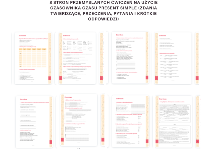 Mastering Present Simple - 17 ćwiczeń na wyćwiczenie tworzenia zdań w czasie Prezent Simple - odmiana czasownika przez osoby, tworzenie formy czasownika dla 3 osoby liczby poedynczej, zdania twierdzące, przeczenia, pytania, krótkie odpowiedzi, miejsce pr