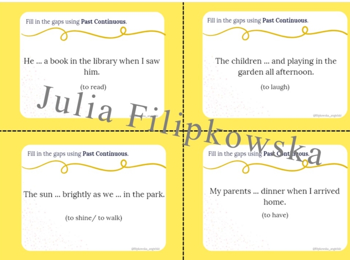 Past Continuous/ Zdania twierdzące/ Karty do mówienia/ Mówienie/ Speaking/ Konwersacje/ Klasy 4-8/ Klasy 4-6/ Klasy 6-8/ SP/ Warm-up/ Rozgrzewka/ Speaking cards/ Gramatyka/ Grammar/ Speaking cards grammar/ Grammar cards/ E8