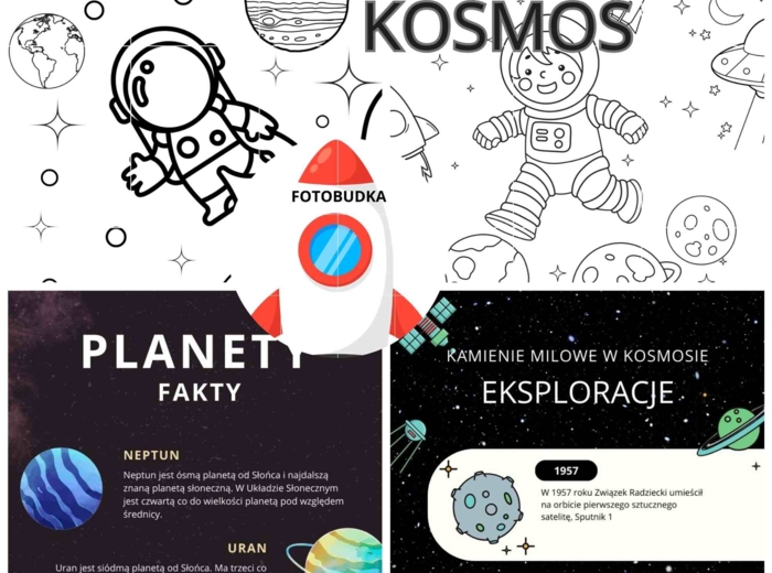 Dzień Kosmosu- 2 kolorowanki XXL (2x 9 a4), 4 infografiki dotyczące kosmosu, fotobudka