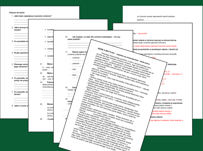 📚📝 BAŚŃ O MOTYLKU – wiosna - CZYTANIE ZE ZROZUMIENIEM – kl. 5-6 + odpowiedzi