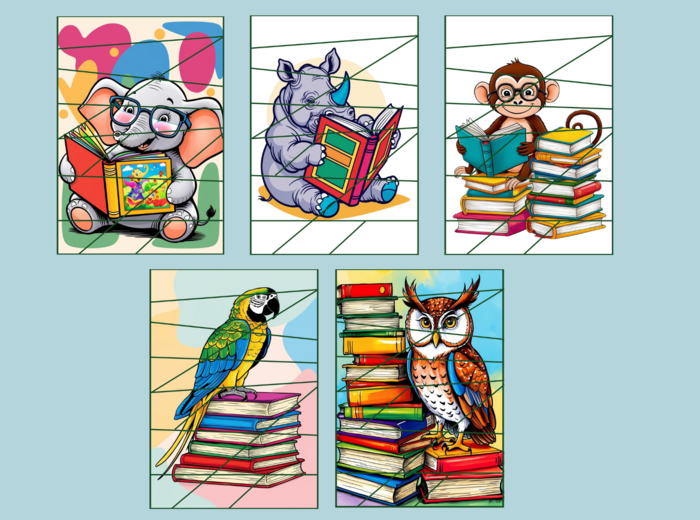 DZIEŃ KSIĄŻKI DLA DZIECI – puzzle – zwierzęta - biblioteka – przedszkole – świetlica – 23 wersje