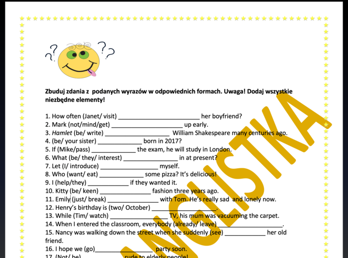 Budowanie zdań z podanych elementów- 40 nowych przykładów + klucz- EGZAMIN ÓSMOKLASISTY