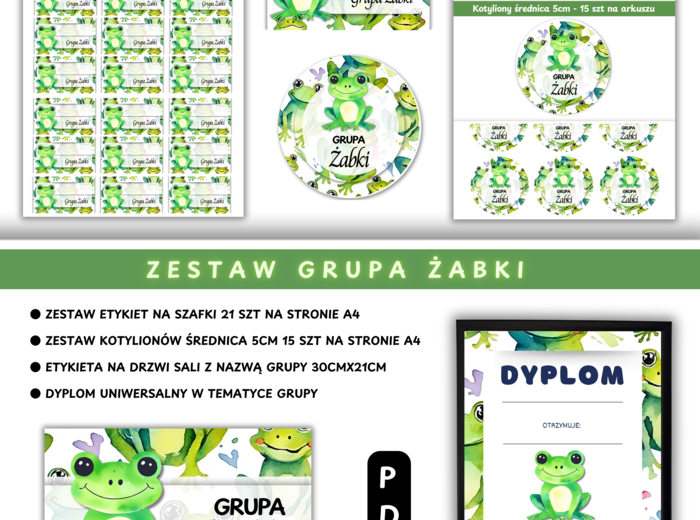 Zestaw Etykiety, Medaliony, Dyplom, Naklejka z nazwą grupy - Dla Grupy Żabki