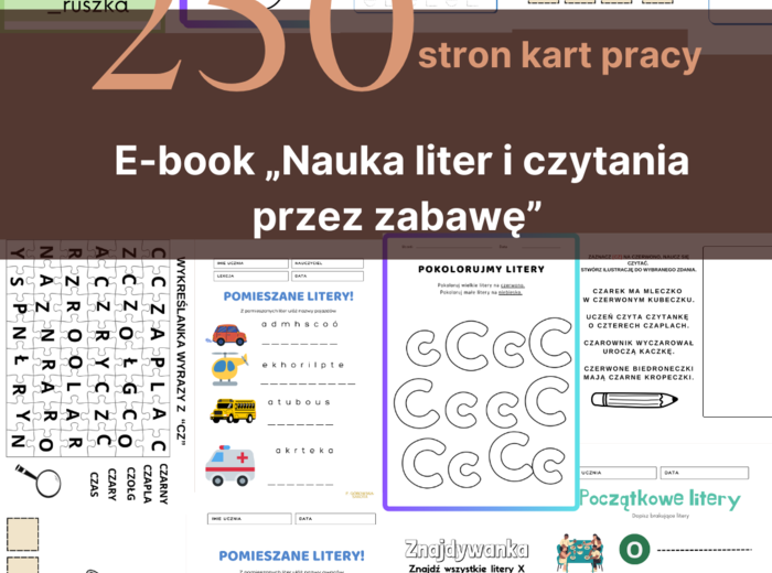 E-book „Nauka liter i czytania przez zabawę” 250 stron kart pracy