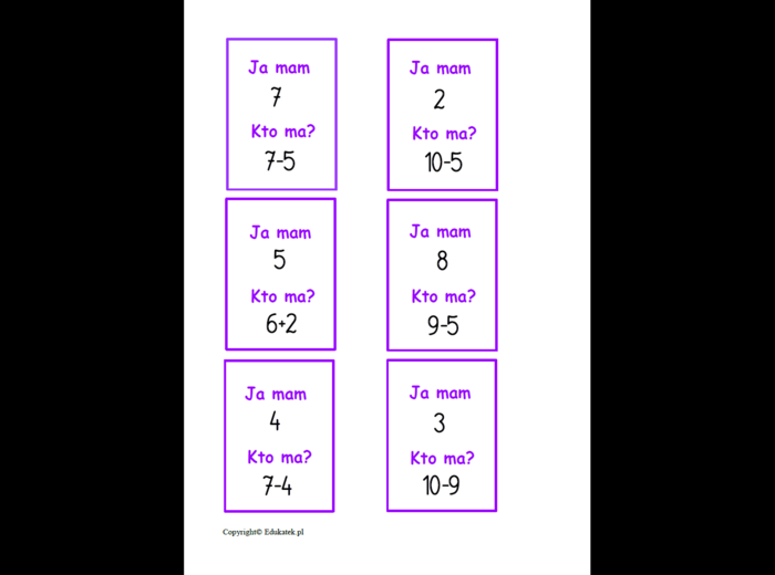 Zestaw kart typu kto ma, ja mam – dodawanie i odejmowanie