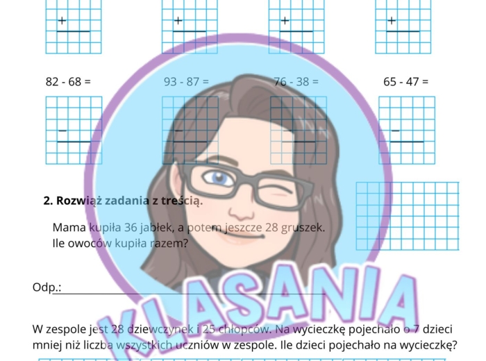 Kartkówka / Karta pracy – Dodawanie i odejmowanie pisemne Klasa 3