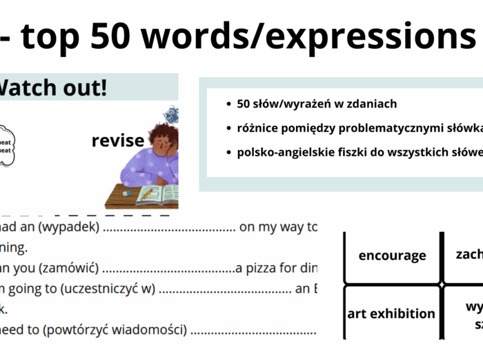 Egzamin ósmoklasisty angielski, top 50 słówek/wyrażeń, powtórka przed E8, fiszki ze słówkami