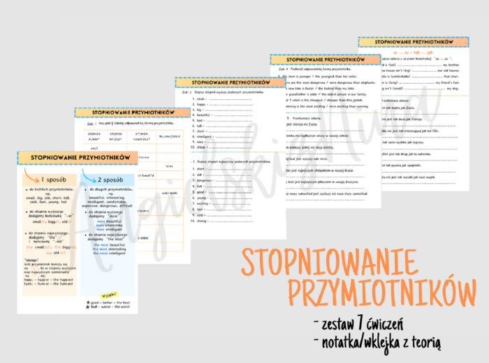 Stopniowanie przymiotników - zestaw 7 zadań - karta pracy - notatka - wklejka - egzamin ósmoklasisty - angielski