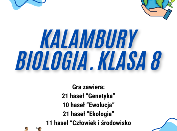 Biologia. Klasa 8. Kalambury. Gra edukacyjna. 63 hasła/pojęcia pochodzące z różnych działów.