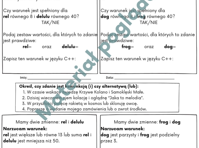 Operatory logiczne w języku C++ (karta pracy: koniunkcja i alternatywa)