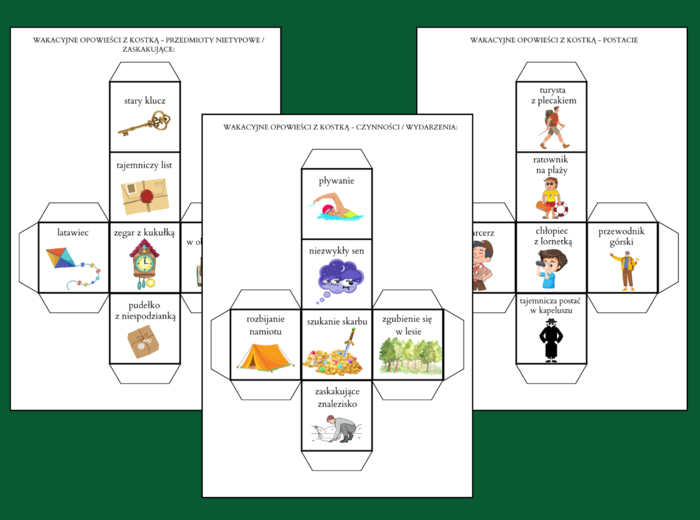 WAKACYJNE OPOWIEŚCI Z KOSTKĄ - ćwiczenia redakcyjne - 11 szt. - wakacje - lato - opowiadanie