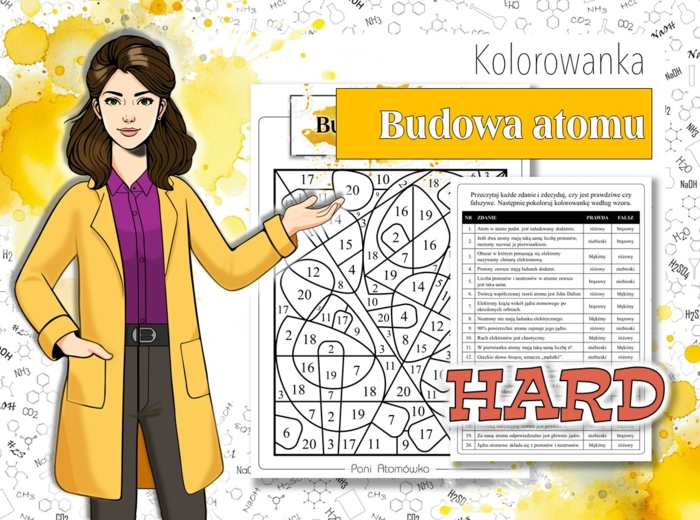 Klasa 7. Chemia. Budowa atomu. Chemiczna kolorowanka. Wersja HARD. Jesienna karta pracy. Zadanie. Jesień. Pierwszy dzień jesieni.
