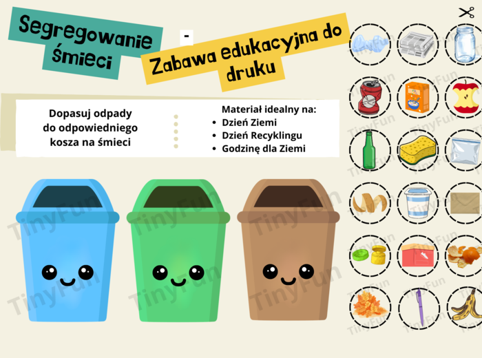 Segregacja śmieci – edukacyjna gra dla dzieci | 60 grafik do dopasowania