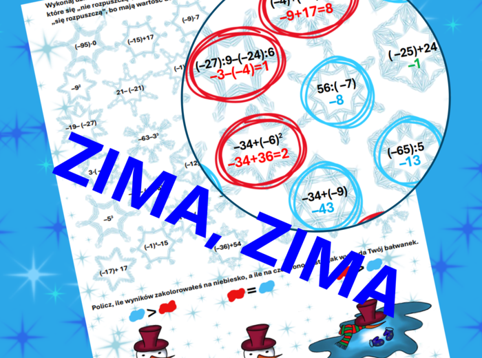 (klasa 5 klasa 6) Działania na liczbach całkowitych z bałwankiem.