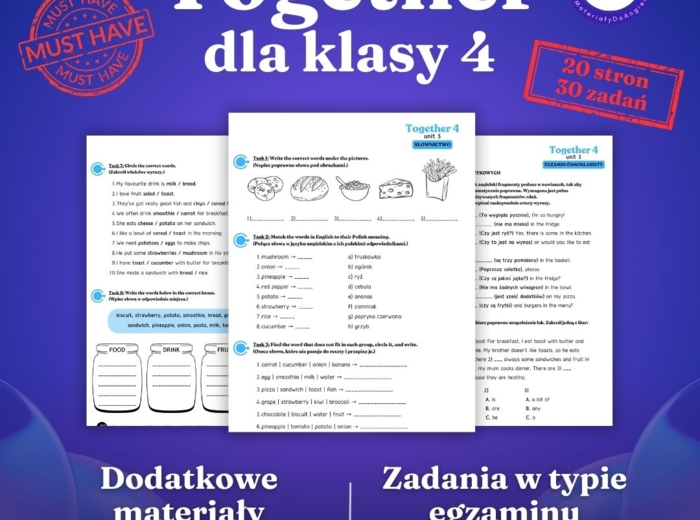 Together 4 Unit 5 - materiały dodatkowe: słownictwo, gramatyka, komunikacja, czytanie, egzamin ósmoklasisty - karty pracy, ćwiczenia