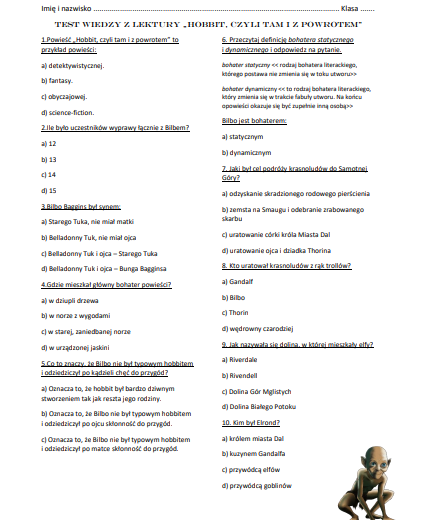 Test wiedzy z lektury Hobbit, czyli tam i z powrotem