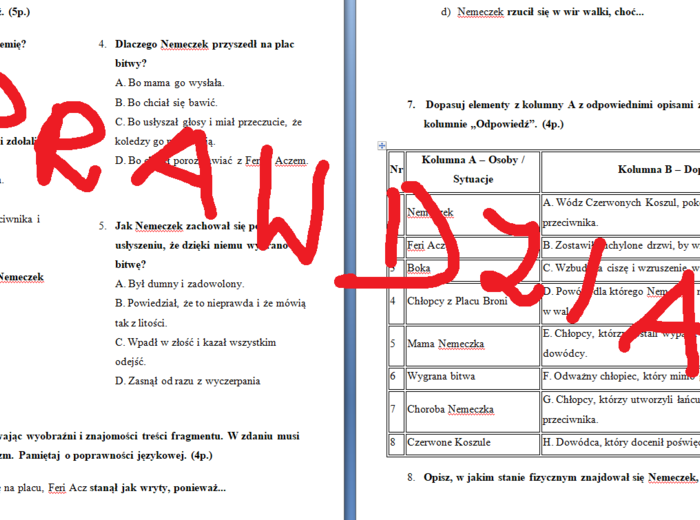 Sprawdzian podsumowujący omawianie lektury "Chłopcy z Placu Broni"