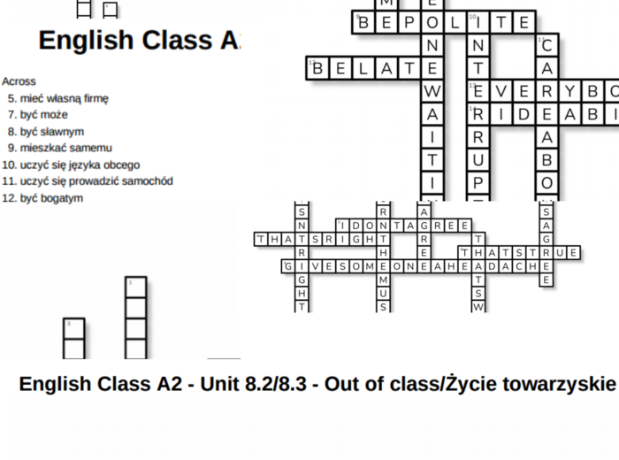English Class A2 – Unit 8 – krzyżówki – Cele życiowe/Out of class_Życie toważyskie/Zgoda i jej brak/Dobre maniery