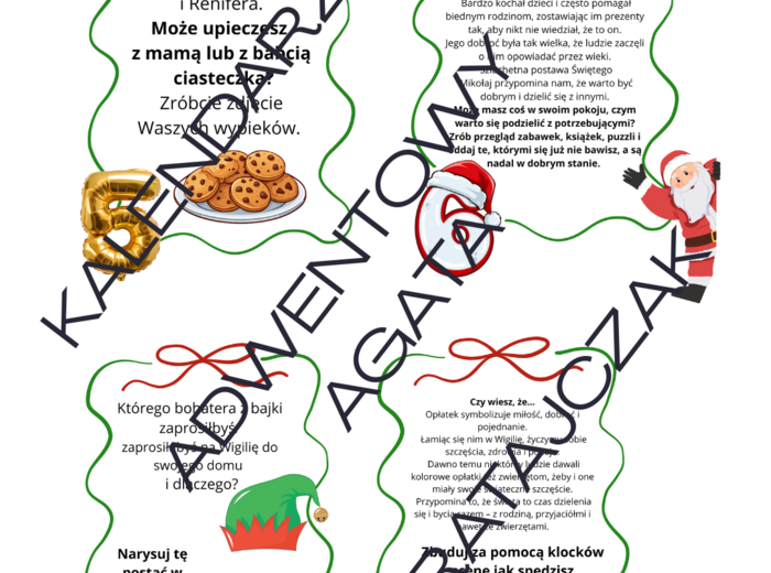 KREATYWNY KALENDARZ ADWENTOWY DLA DZIECKA, 5-10 lat, zadania, ciekawostki, zadanie domowe, czas dla całej rodziny, 24 karty