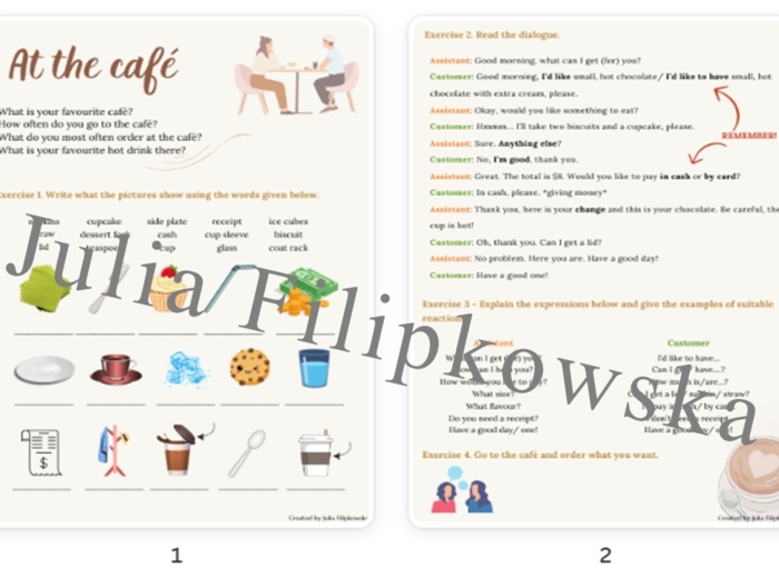 Zestaw zadań/ karta pracy/ zadania/ mówienie/ słownictwo. Klasy 4-6/ SP 4-6/ Klasy 4-8/ At the cafe/ Kawiarnia/ Praktyczne/ Gotowa lekcja