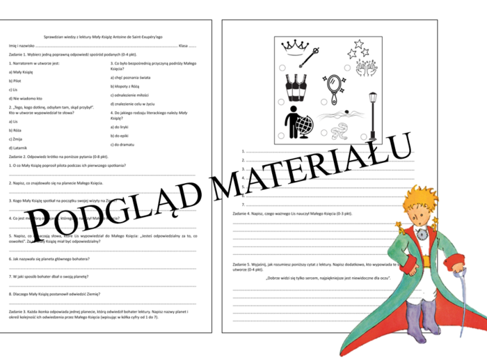 Sprawdzian z lektury Mały Książę + klucz odpowiedzi