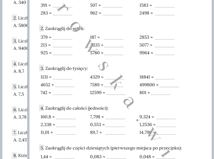 Zaokrąglanie liczb - zestaw zadań