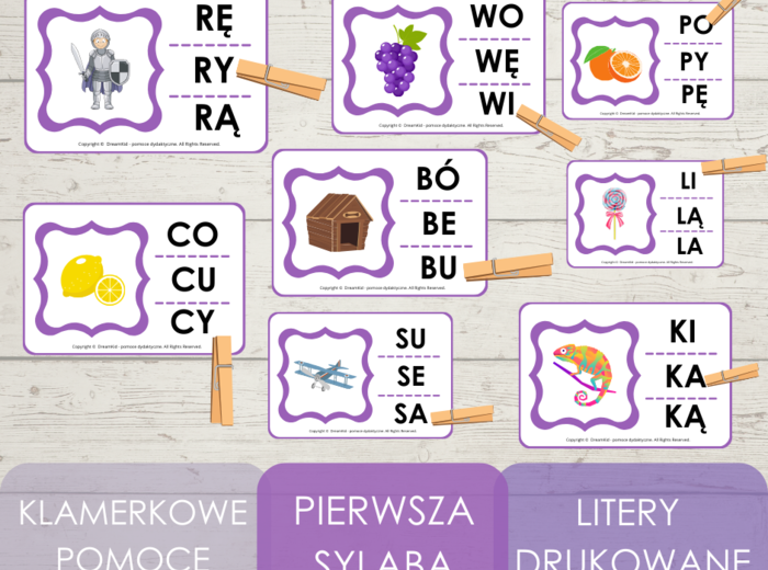 Klamerkowe pomoce - pierwsza sylaba (litery drukowane)