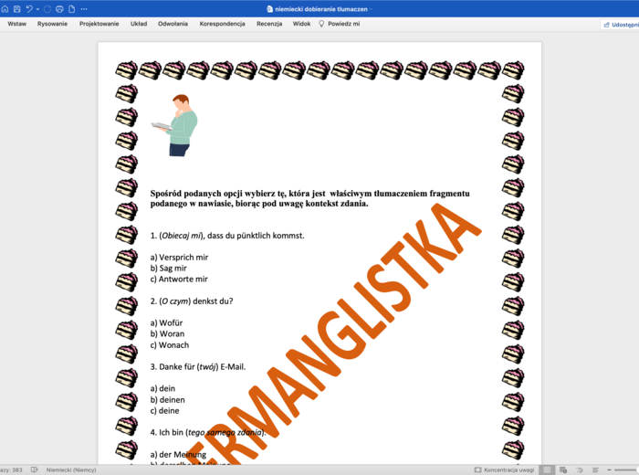 Dobieranie tłumaczeń fragmentów zdań - matura podstawowa z j, niemieckiego+KLUCZ