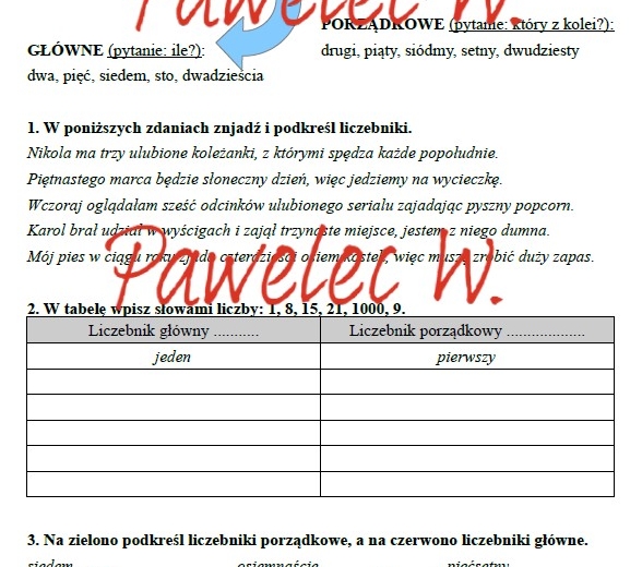 LICZEBNIK główny i porządkowy - karta pracy, sprawdzian, kartkówka - kl. 5