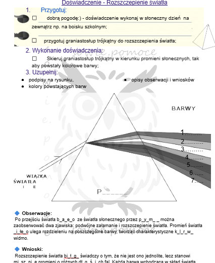 Doświadczenia z optyki -karty pracy