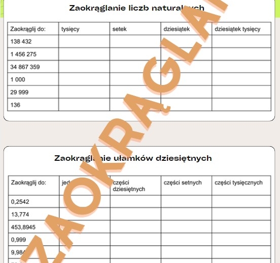 Zaokrąglanie liczb naturalnych i ułamków dziesiętnych - karta pracy/kartkówka