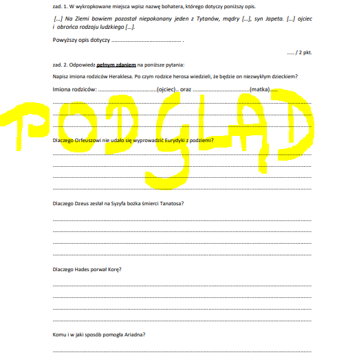 Sprawdzian "Mitologia" Jana Parandowskiego, test mity greckie