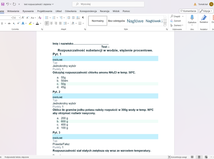 Test - rozpuszczalność substancji stężenia procentowe