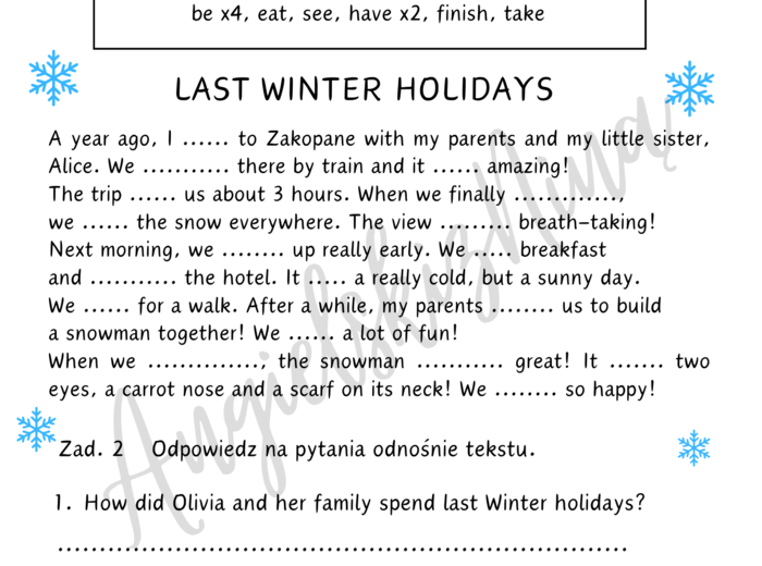 Past Simple - Winter holidays - story - czytanie ze zrozumieniem - czytanka - czasowniki nieregularne - egzamin ósmoklasisty E8 - matura
