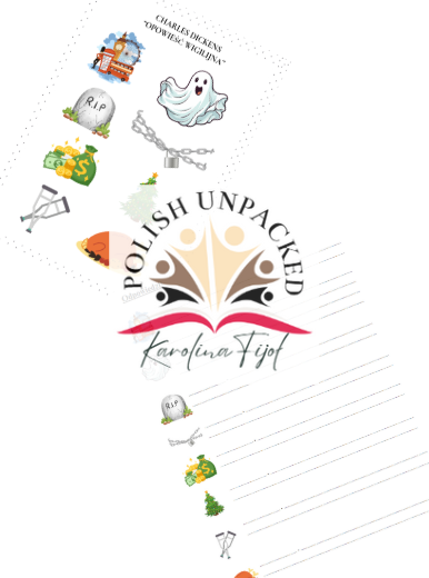 Ikony (obrazki) do lektury "Opowieść wigilijna" Charlesa Dickensa, język polski, egzamin ósmoklasisty, lektura obowiązkowa klasa 7-8