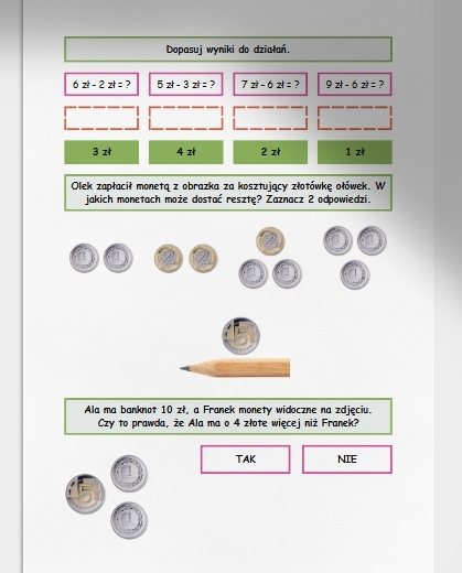 Obliczenia pieniężne - odejmowanie w zakresie do 10. Karta pracy. Sprawdzian