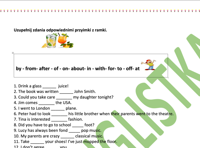 Uzupełnianie zdań odpowiednimi przyimkami - TRENING PRZED EGZAMINEM ÓSMOKLASISTY