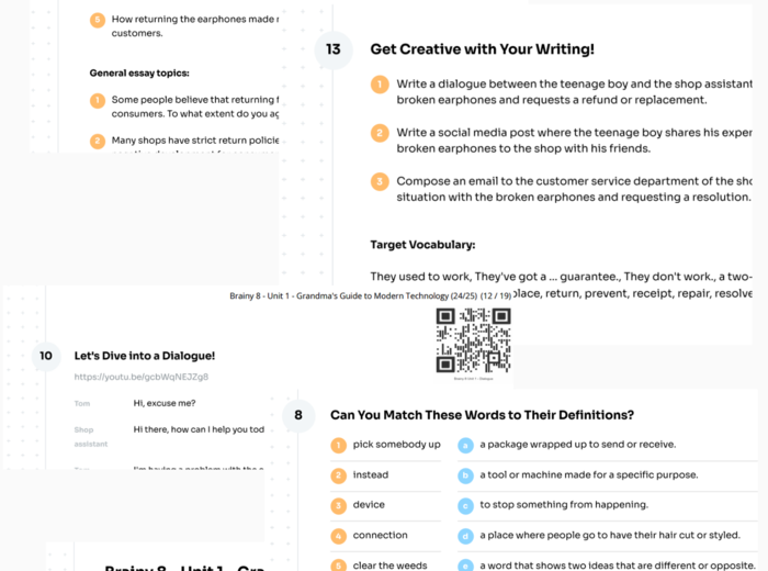 Brainy 8 - Unit 1 karta pracy - Grandma's Guide to Modern Technology (24/25) - electronics, at the shop, returning goods