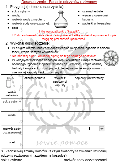 Badanie odczynu roztworów - kartay pracy