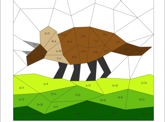 Kolorowanka matematyczna, dodawanie od 1 do 20, dzień dinozaura, prehistoria, matematyka i sztuka.