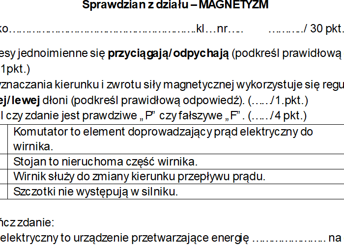 Sprawdzian - MAGNETYZM