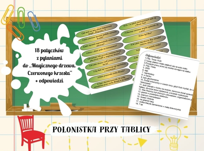 Patyczki z pytaniami + propozycja odpowiedzi „Magiczne drzewo. Czerwone krzesło"