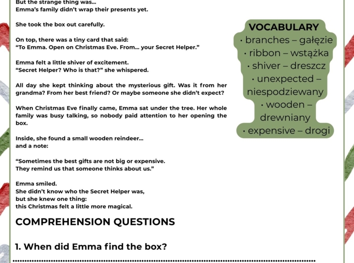 Christmas Reading Comprehension, świąteczna czytanka po angielsku